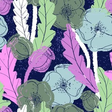 Seamless pattern with poppies and botanical motifs in a linocut style, vintag Stock Illustration