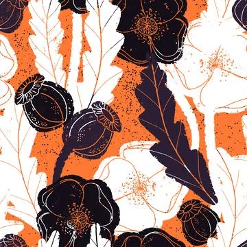 Seamless pattern with poppies and botanical motifs in a linocut style, vintag Stock Illustration