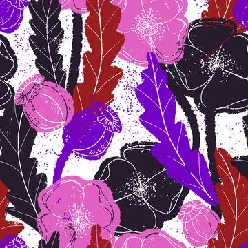 Seamless pattern with poppies and botanical motifs in a linocut style, vintag Stock Illustration