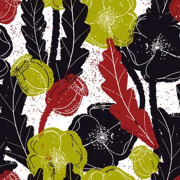 Seamless pattern with poppies and botanical motifs in a linocut style, vintag Stock Illustration