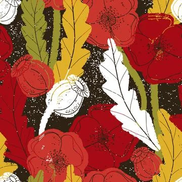 Seamless pattern with poppies and botanical motifs in a linocut style, vintag Stock-Illustration