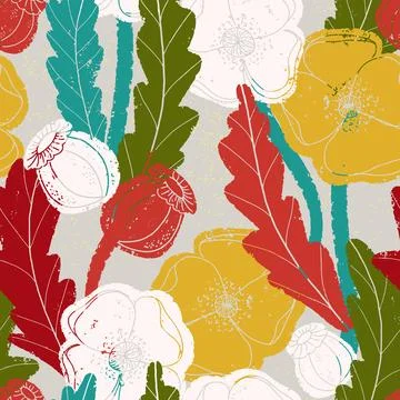 Seamless pattern with poppies and botanical motifs in a linocut style, vintag Stock Illustration