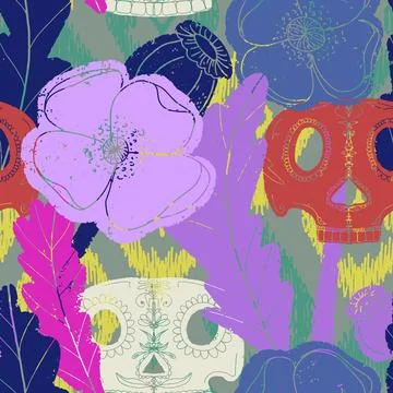 Seamless pattern with poppies and sugar skulls a Gothic folk-style floral des Stock Illustration