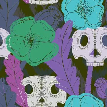 Seamless pattern with poppies and sugar skulls a Gothic folk-style floral des Stock Illustration