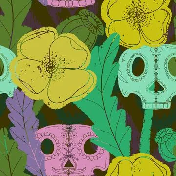 Seamless pattern with poppies and sugar skulls a Gothic folk-style floral des Stock Illustration