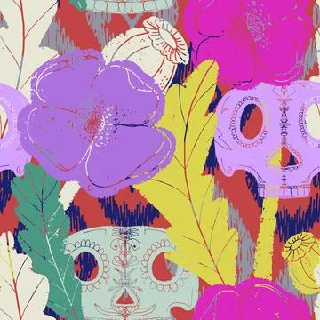 Seamless pattern with poppies and sugar skulls a Gothic folk-style floral des Stock Illustration