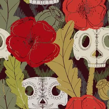 Seamless pattern with poppies and sugar skulls a Gothic folk-style floral des Stock Illustration
