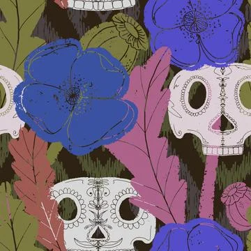 Seamless pattern with poppies and sugar skulls a Gothic folk-style floral des Stock Illustration