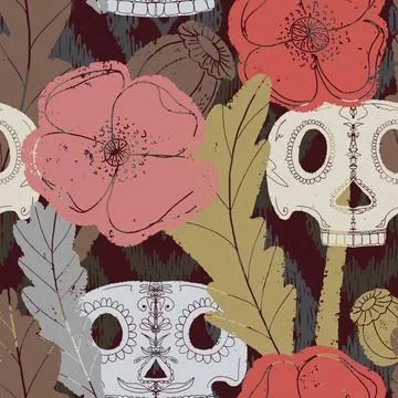 Seamless pattern with poppies and sugar skulls a Gothic folk-style floral des Stockillustratie