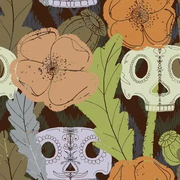 Seamless pattern with poppies and sugar skulls a Gothic folk-style floral des Stockillustratie