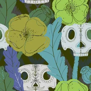 Seamless pattern with poppies and sugar skulls a Gothic folk-style floral des Stockillustratie