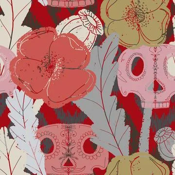 Seamless pattern with poppies and sugar skulls a Gothic folk-style floral des Stock Illustration