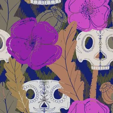 Seamless pattern with poppies and sugar skulls a Gothic folk-style floral des Stock Illustration