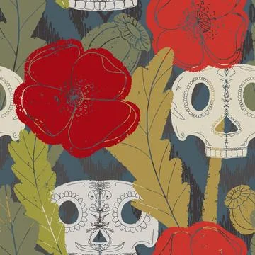 Seamless pattern with poppies and sugar skulls a Gothic folk-style floral des Stock-Illustration