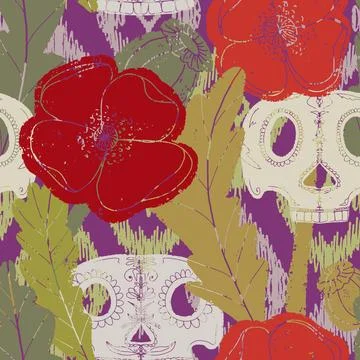 Seamless pattern with poppies and sugar skulls a Gothic folk-style floral des Stock Illustration