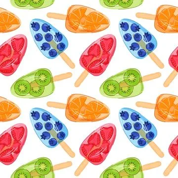 Seamless pattern of popsicle with blueberry, orange fruit, kiwi and strawberry Stock Illustration