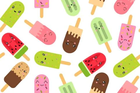 Seamless pattern of popsicle ice cream on a stick in the style of kawaii. Vector Stock Illustration