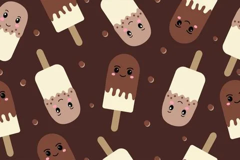 Seamless pattern of popsicle ice cream on a stick in kawaii style. Vector Stock Illustration