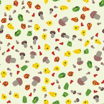 Seamless pattern with porcini mushrooms and peppers. Stock Illustration