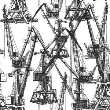 Seamless pattern Port crane machinery Building Tower construction. Hand drawn Illustrazione stock