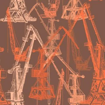 Seamless pattern Port crane machinery Building Tower construction. Hand drawn Stock Illustration