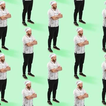 Seamless pattern with portrait of cook, chef in uniform standing with crossed Stock Photos
