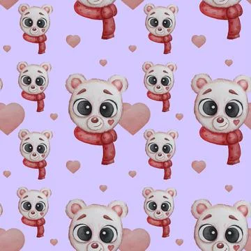 Seamless pattern. Portrait of a white polar bear in a red scarf on light back 스톡 일러스트