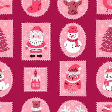 Seamless pattern  with  postage stamps with cute doodle style characters fo.. Stock Illustration