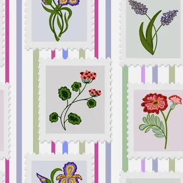 A seamless pattern of postage stamps with a floral design. Spring vector stri Illustrazione stock