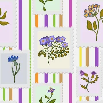 A seamless pattern of postage stamps with a floral design. Spring vector stri Illustrazione stock
