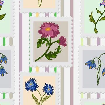 A seamless pattern of postage stamps with a floral design. Spring vector stri Stock Illustration