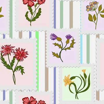 A seamless pattern of postage stamps with a floral design. Spring vector stri Illustrazione stock