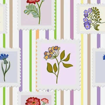 A seamless pattern of postage stamps with a floral design. Spring vector stri Illustrazione stock