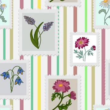 A seamless pattern of postage stamps with a floral design. Spring vector stri Illustrazione stock