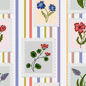 A seamless pattern of postage stamps with a floral design. Spring vector stri Illustrazione stock