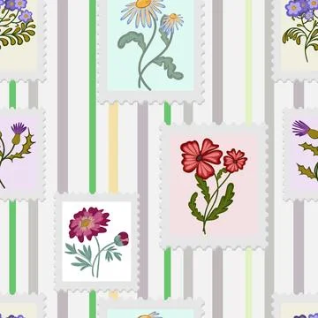 A seamless pattern of postage stamps with a floral design. Spring vector stri Illustrazione stock