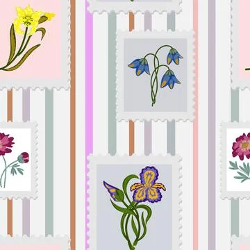 A seamless pattern of postage stamps with a floral design. Spring vector stri Illustrazione stock