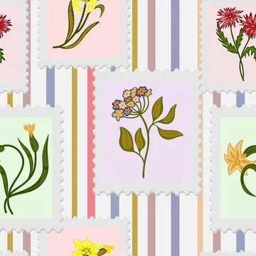 A seamless pattern of postage stamps with a floral design. Spring vector stri Illustrazione stock