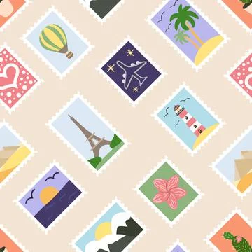 Seamless pattern of postage stamps with world attractions, landscapes, plants Illustrazione stock