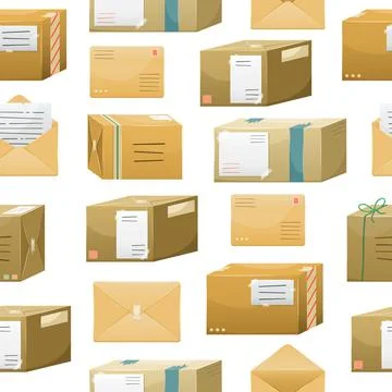 A seamless pattern with postal parcels in a boxes with a delivery address and Illustrazione stock