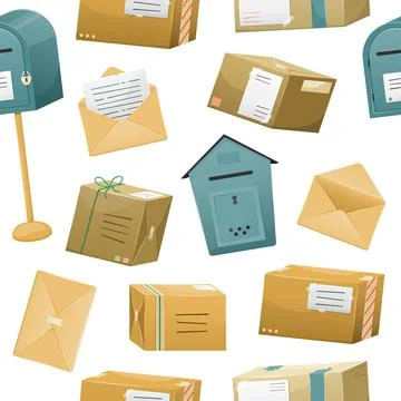 A seamless pattern with postal parcels in a boxes with a delivery address and Illustrazione stock