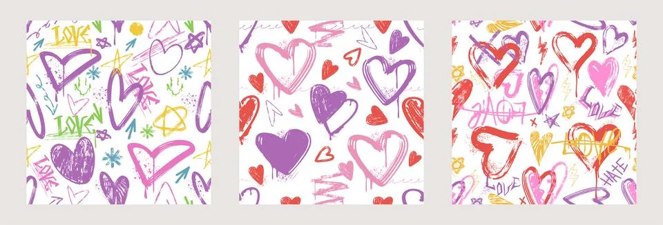 Seamless pattern posters with spray paint hearts, graffiti love symbols and 库存插图