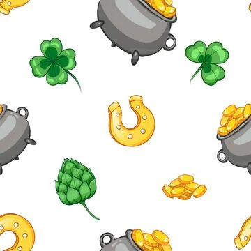Seamless pattern with pot of gold, hops and clover leaves, golden horseshoe, for Stock Illustration