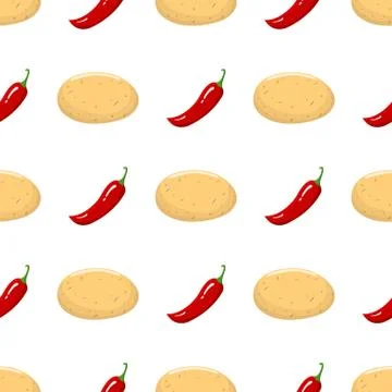Seamless pattern with potato and chilli pepper vegetables. Vector illustration. Illustrazione stock
