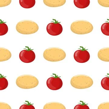 Seamless pattern with potato and red tomato vegetables. Organic food. Vector. Stock Illustration