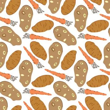 Seamless pattern with potatoes, carrots on a white background. Vector illustr イラスト素材