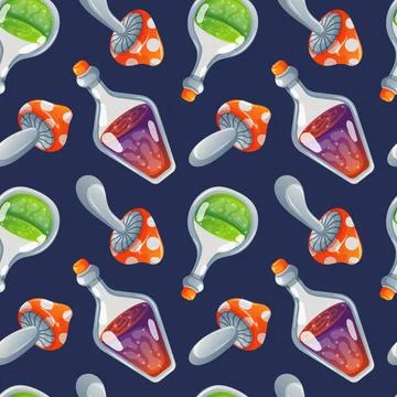Seamless pattern with potion bottle and red fly agaric mushroom in cartoon style Stock Illustration
