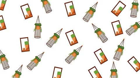 Seamless pattern of potted and hanging houseplants in flat illustration style 스톡 일러스트