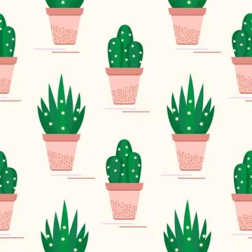 Seamless pattern with potted cactus, succulents. Stock Illustration