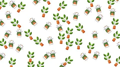 Seamless pattern of potted house plants and botanical carafes on white back.. Illustrazione stock